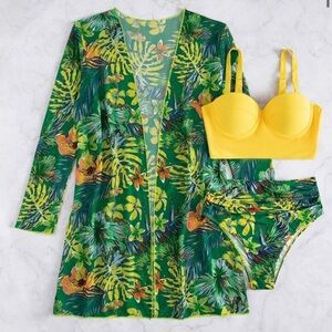 3pc tropical swimsuit longline corset like top with high hip high waisted